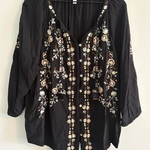 J. Jill Black Peasant Top with Floral Embroidery